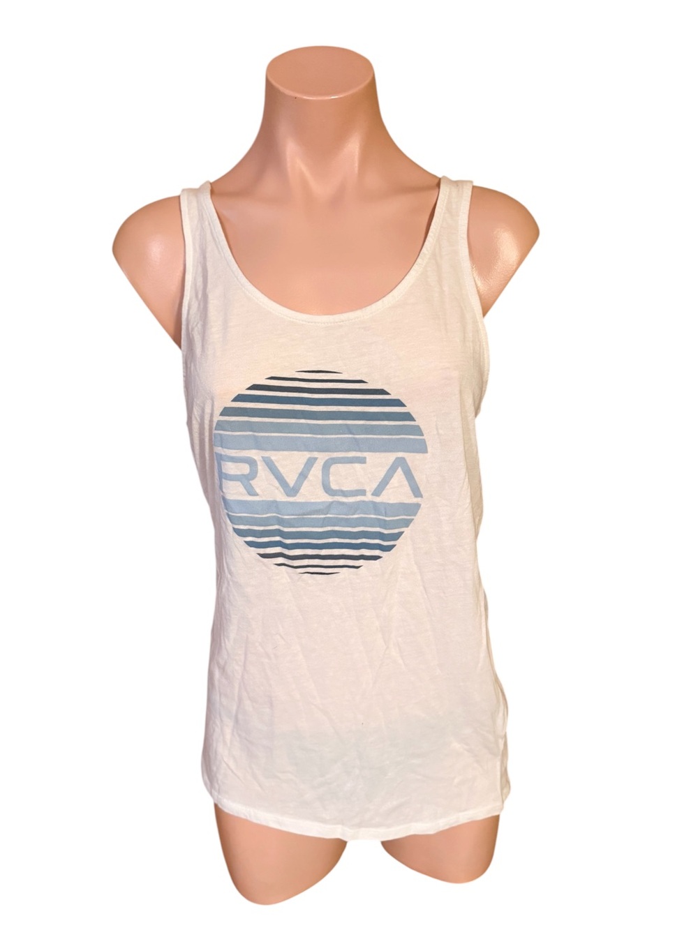 RVCA Womens L Tank Top White Graphic Circle Logo Surf Beach Casual Scoop Neck
